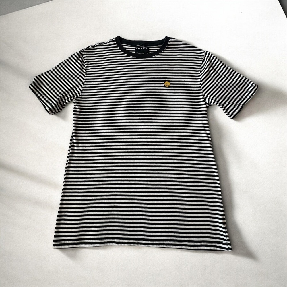 Empyre Mens Striped‎ Short Sleeve T-Shirt Black White Sad Face Patch Size M
